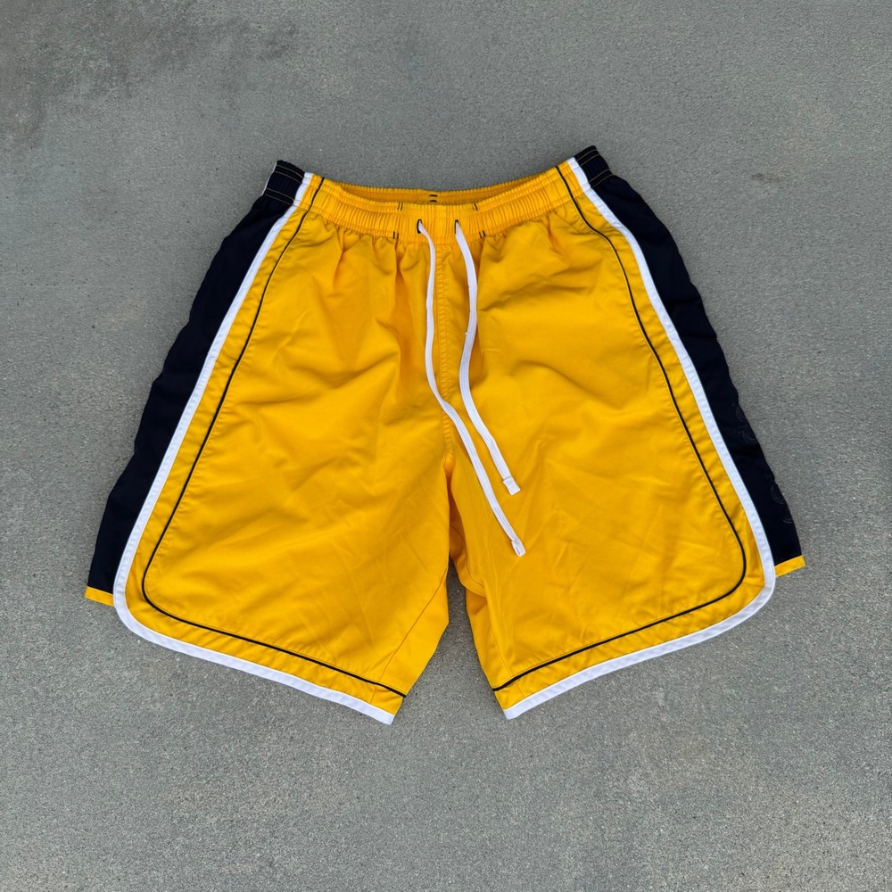 Speedo Mens Swim Trunks Yellow Navy Blue White Striped Mesh Lined Size Medium